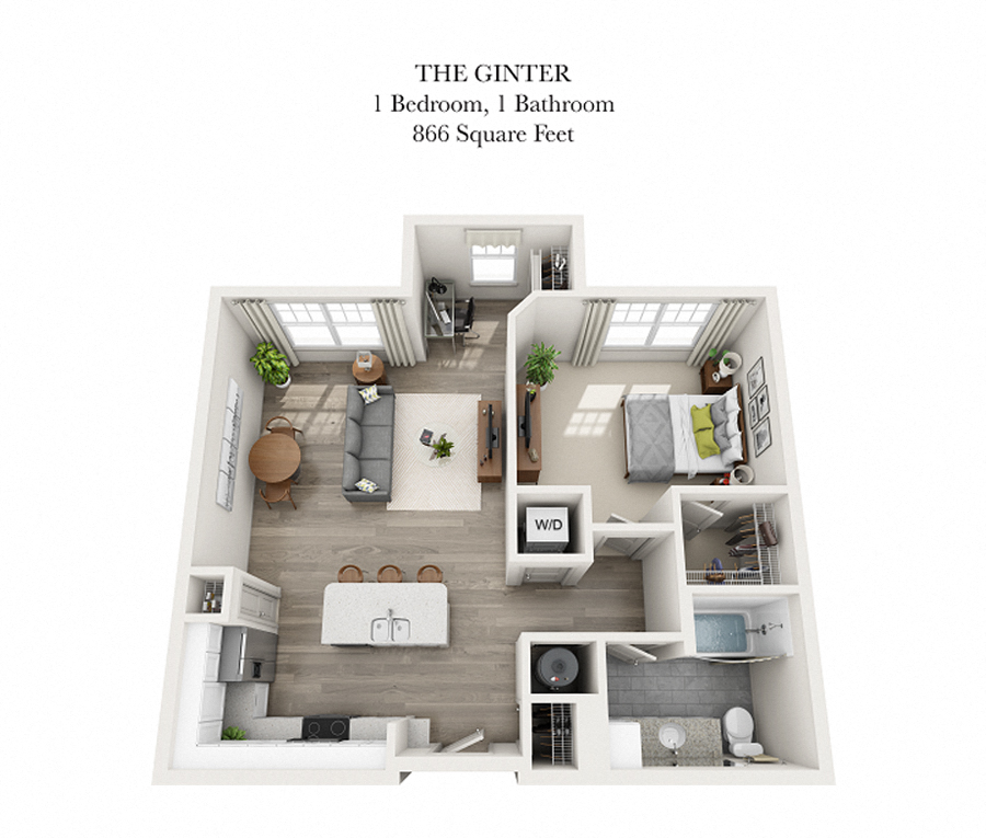 Floor plan for 1 bed, 1 bath, 833 sqft